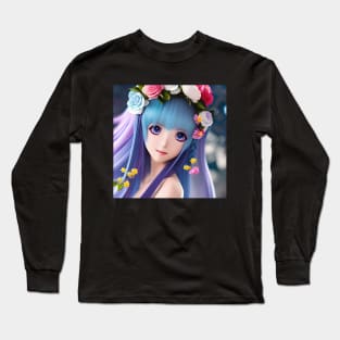 Beaux Animes Art  Manga Anime Girl with blue hair and flowers Design Long Sleeve T-Shirt